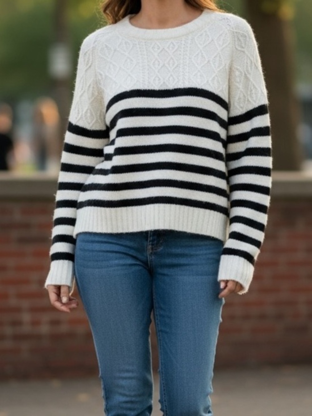 Caslon Cream and Black Striped Crewneck Sweater